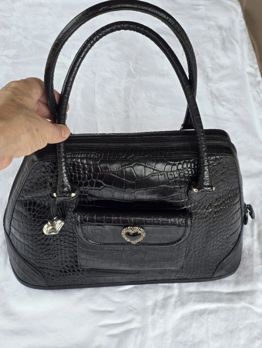 Vintage Brighton Black Leather Croc Pattern with Floral Lining w/ Inner Pockets